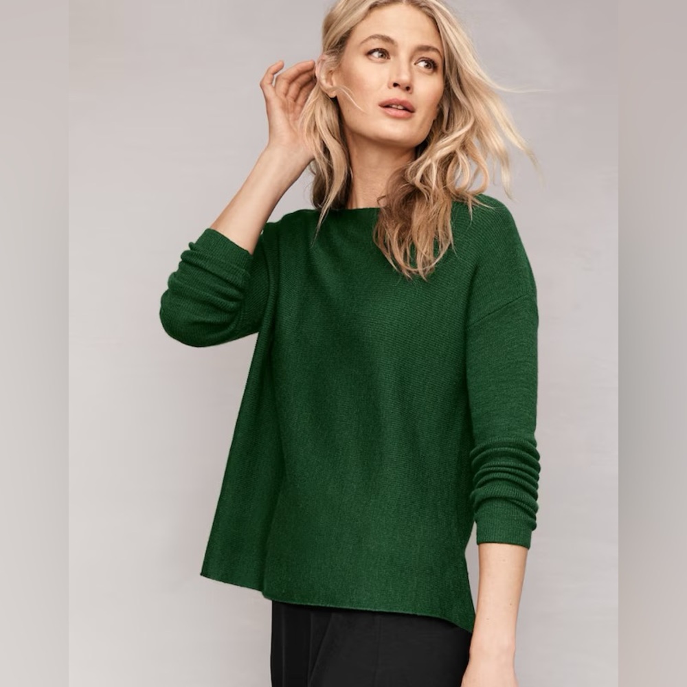 Eileen Fisher Ribbed Merino Bateau-Neck Sweater Quarter Sleeve Dark Green Size S